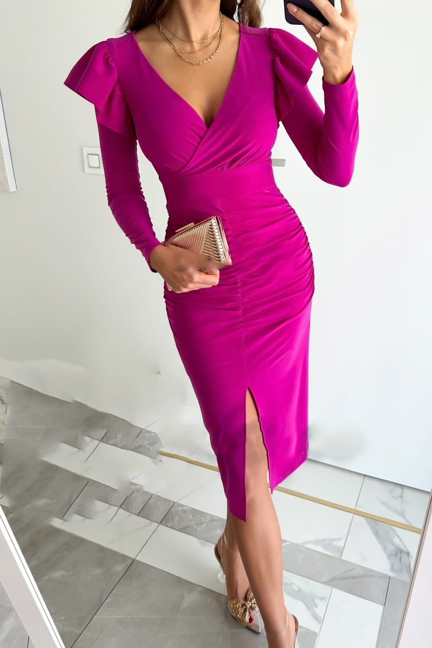 Elegant Women's MIDI Dress with Long Sleeves Flared and Chic Slit Style