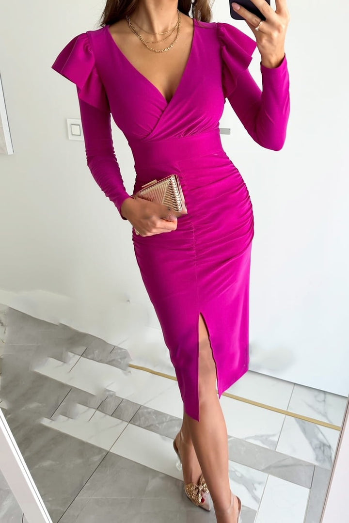 Elegant Women's MIDI Dress with Long Sleeves Flared and Chic Slit Style