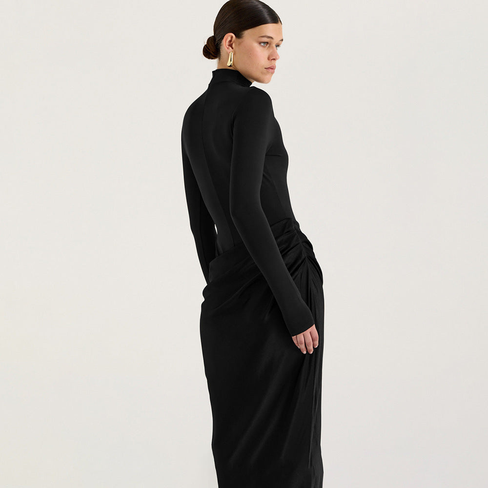 Elegant long sleeve maxi dress for women with a fitted cut and refined draping detail Lune London