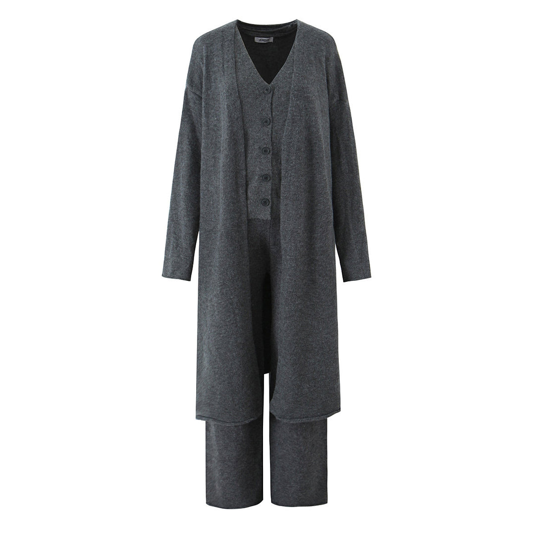 Ladies elegant knitted outfit with long cardigan, button placket and wide trousers Lune London