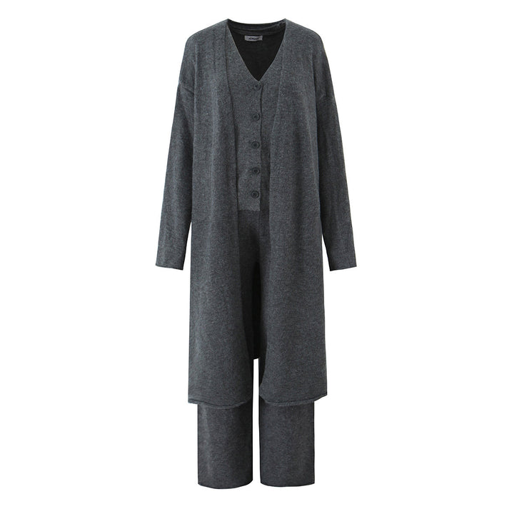Ladies elegant knitted outfit with long cardigan, button placket and wide trousers Lune London