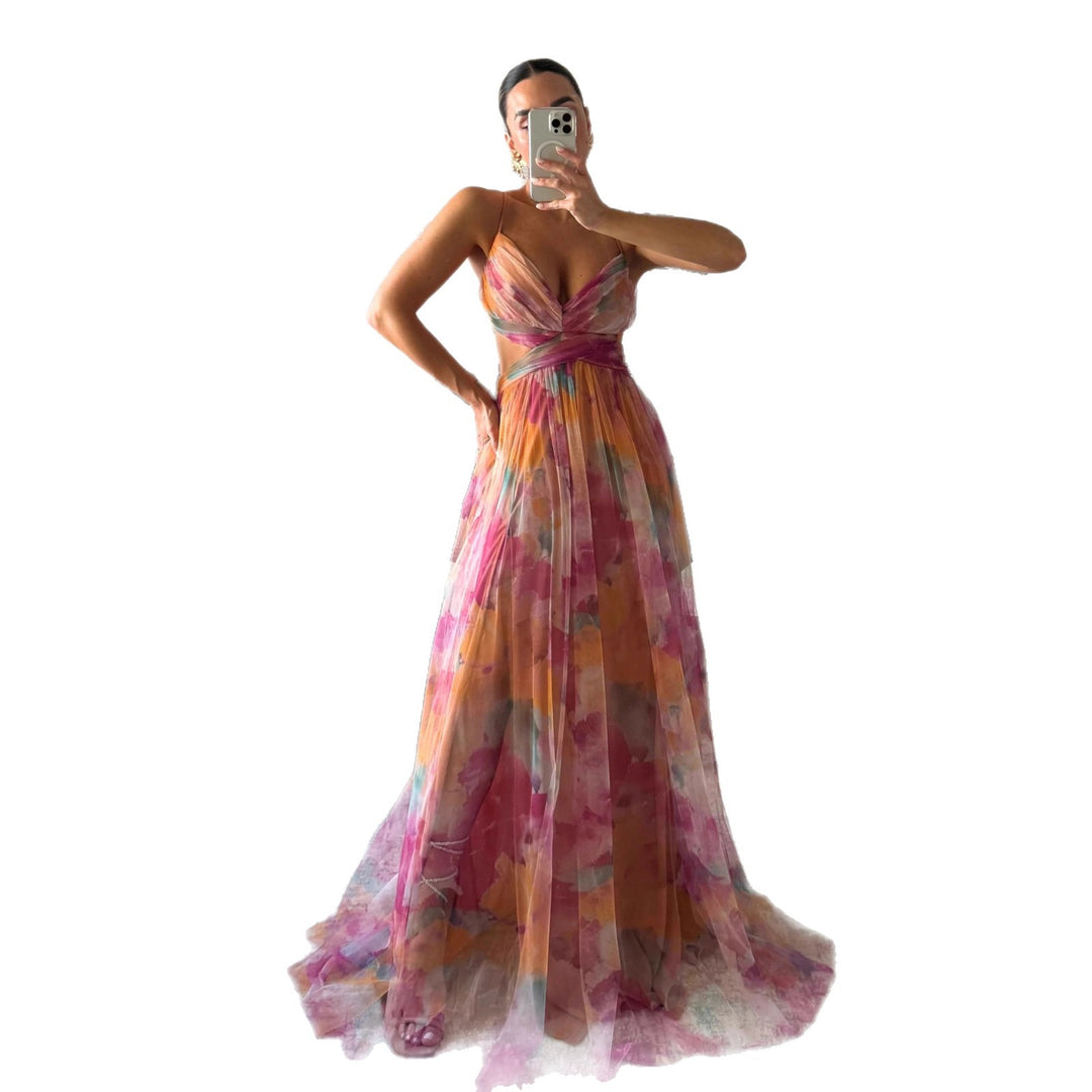 Airy maxi dress for women with colorful floral pattern and side cutout Chic & Stil
