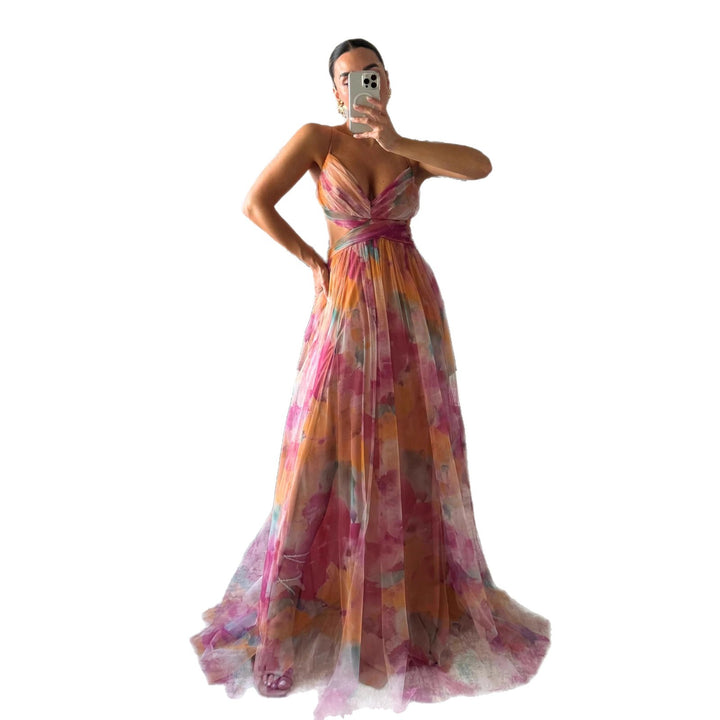 Airy maxi dress for women with colorful floral pattern and side cutout Chic & Stil
