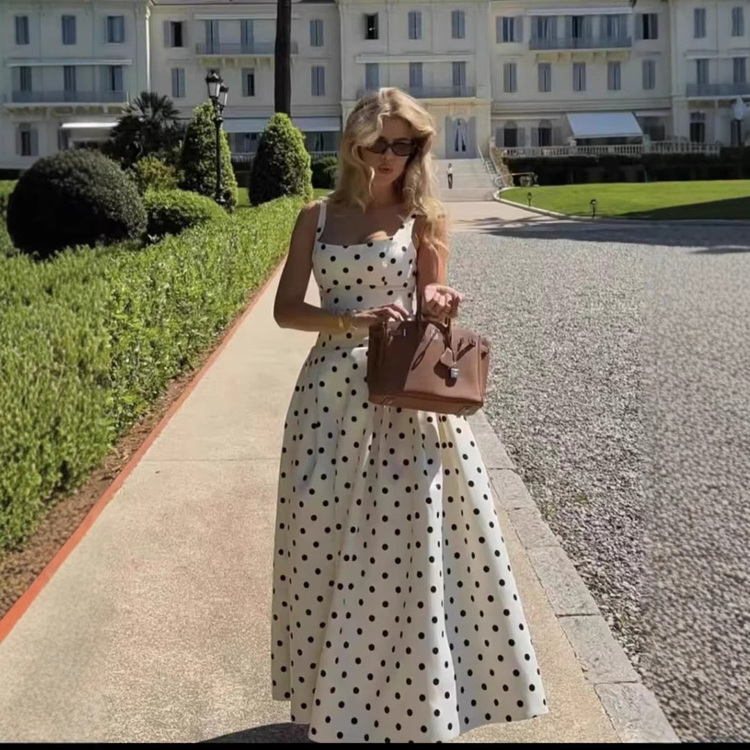 Polka dot cocktail dress for women with refined skirt Lune London