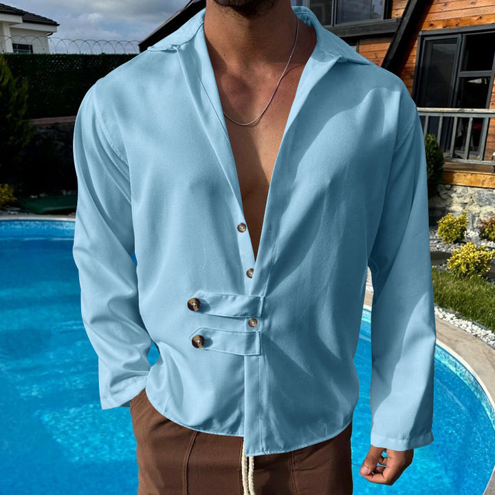 Men's elegant long sleeve blouse with shawl collar and button details Lune London