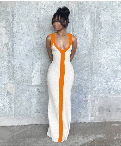 Elegant maxi dress for women with deep V-neck and contrasting stripe Lune London
