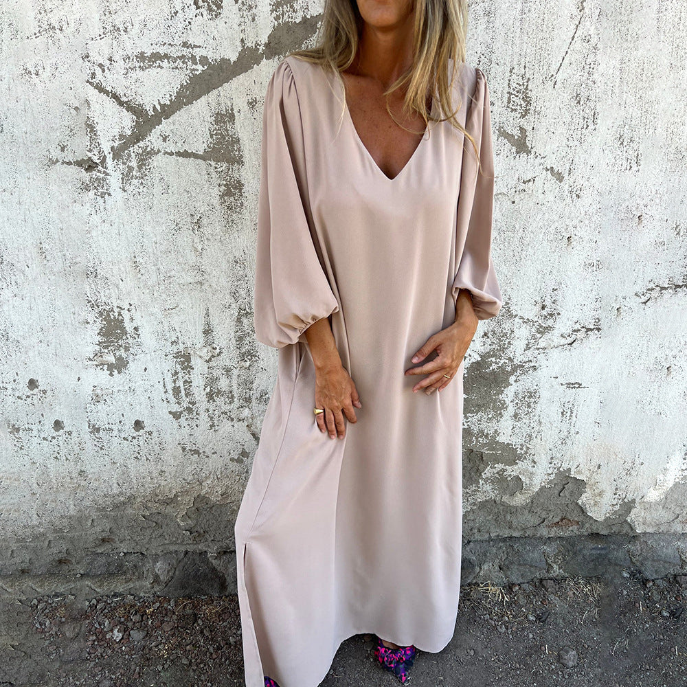 Women Elegant Midi Dress with V Neck and Chic Puff Sleeves