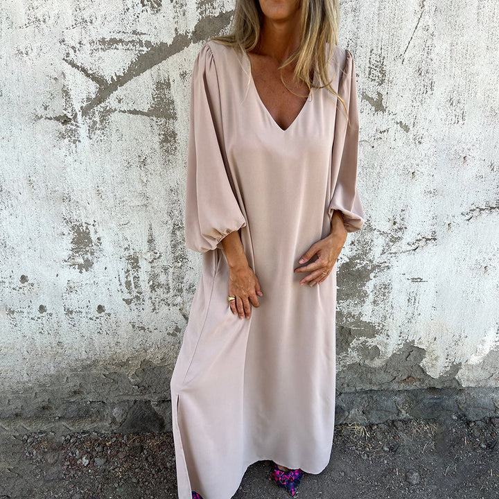 Women Elegant Midi Dress with V Neck and Chic Puff Sleeves
