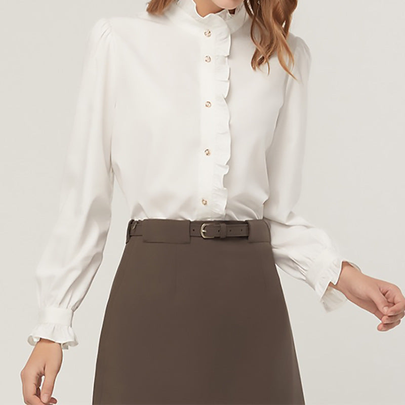 Button-up blouse with gathered high collar for women Lune London