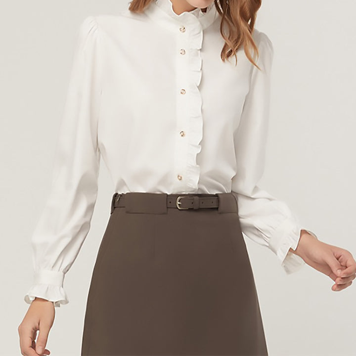 Button-up blouse with gathered high collar for women Lune London