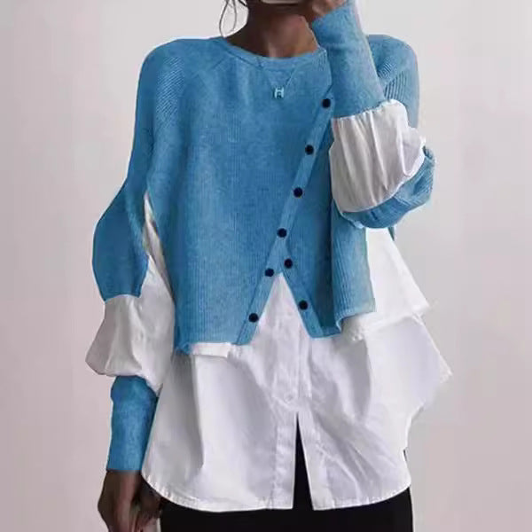 Ladies modern knit jacket with button details and chic overshirt style
