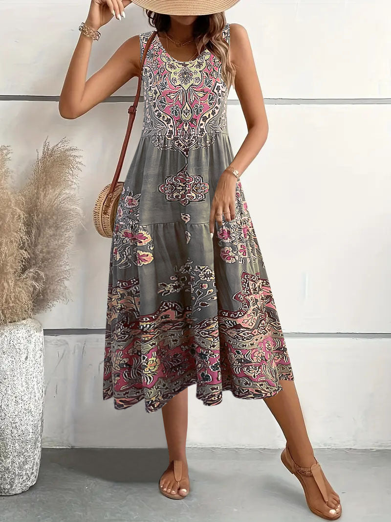 Maxi dress for women with playful ethnic pattern and fluid cut Lune London