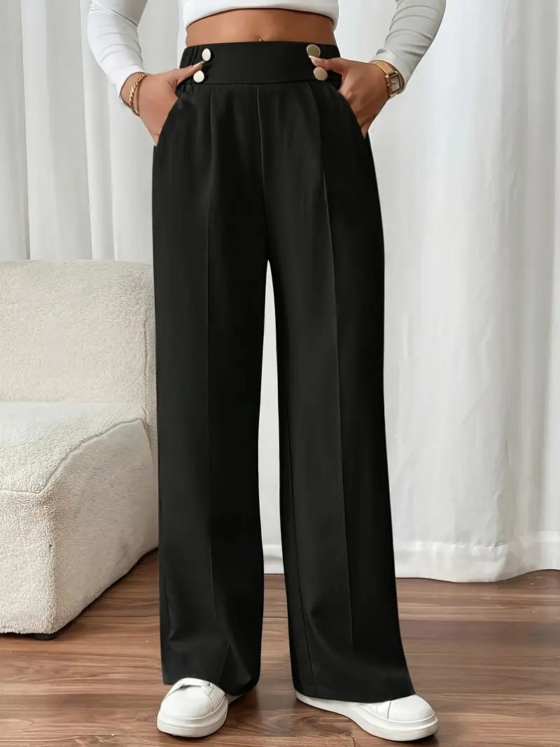 Ladies High-Waisted Wide Leg Pants with Chic and Stylish Button Details