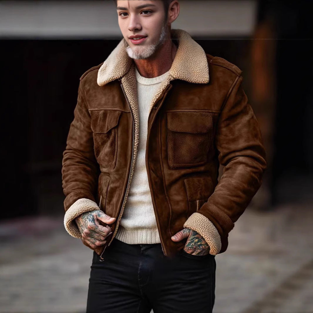 Vintage style leather jacket for men with faux fur collar and multiple pockets Lune London