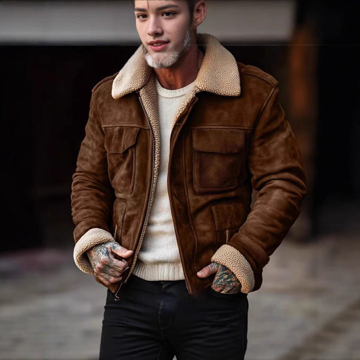 Vintage style leather jacket for men with faux fur collar and multiple pockets Lune London