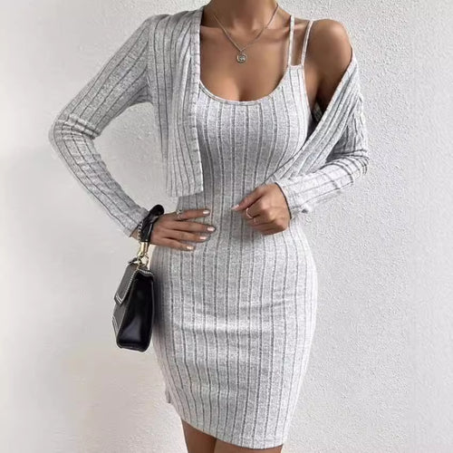 Fitted maxi dress for women with registered ribbed structure and lightweight cardigan Lune London