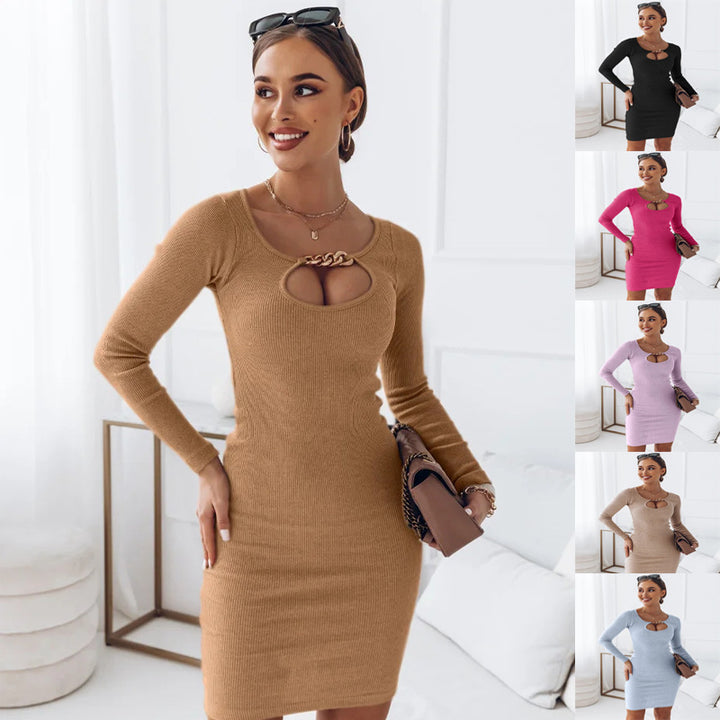 Elegant ribbed dress for women with deep round neckline and trendy cut-out Lune London