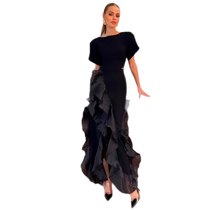 Women's elegant maxi dress with flowing ruffles and shimmering upper material Lune London