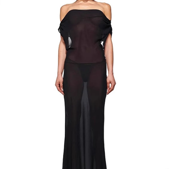 Ladies Elegant Maxi Dress with Asymmetrical Neckline and Chic Refined Bow Detail