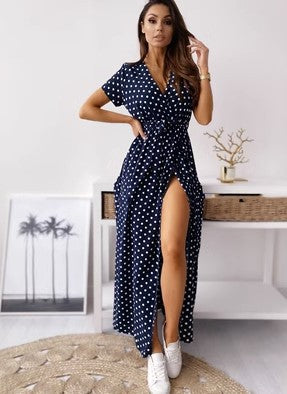 Maxi polka dot dress for women with side slit Lune London
