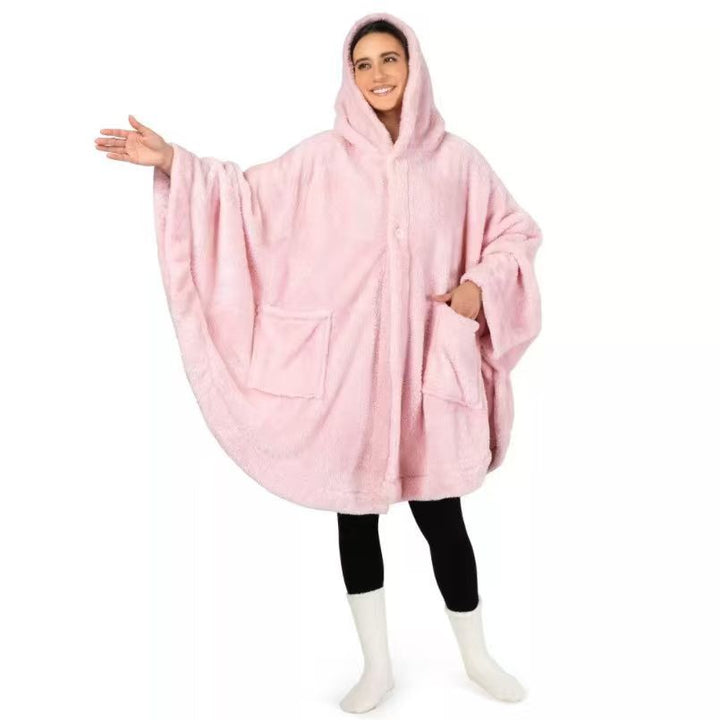 Ladies Comfortable Fleece Poncho with Hood and Practical Pockets Lune London