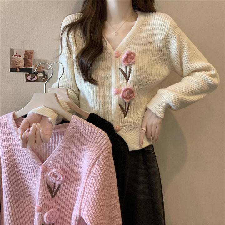 Knitted women’s jacket with floral appliqués Lune London