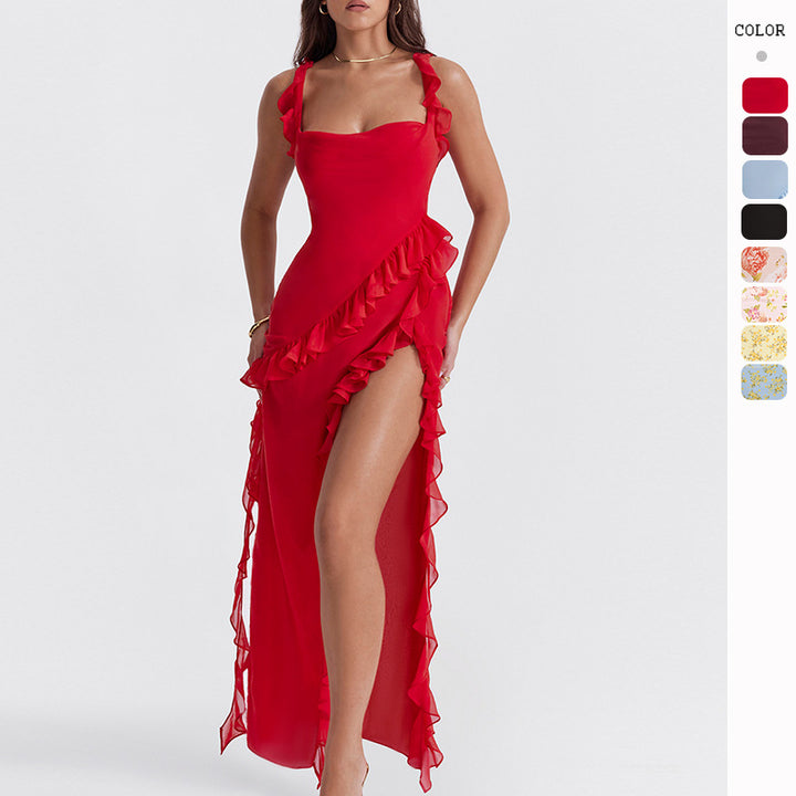Elegant asymmetrical dress for women with ruffle details and floral pattern Chic & Stil