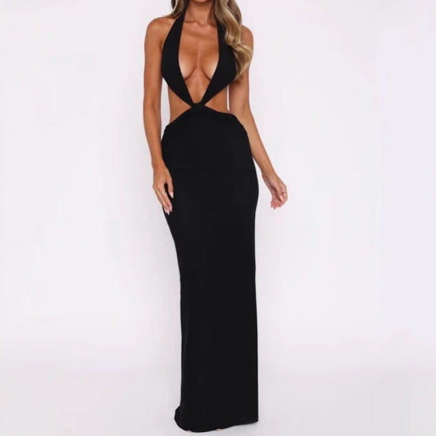 Luxury maxi dress for ladies with deep V-neck and bold cut-out details Lune London