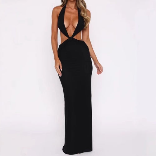 Luxury maxi dress for ladies with deep V-neck and bold cut-out details Lune London