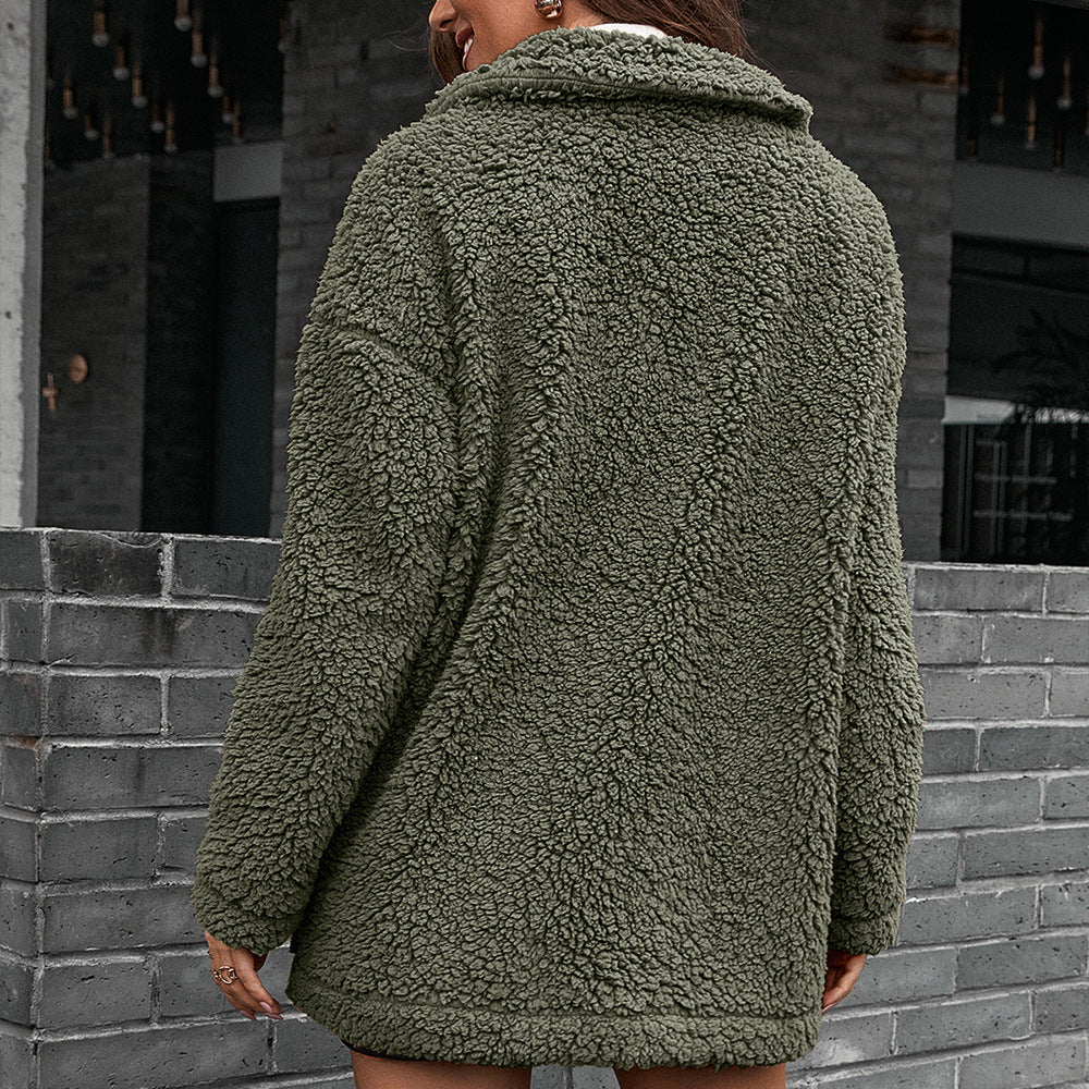 Comfortable teddy jacket for women with asymmetric lapels and practical pockets Lune London