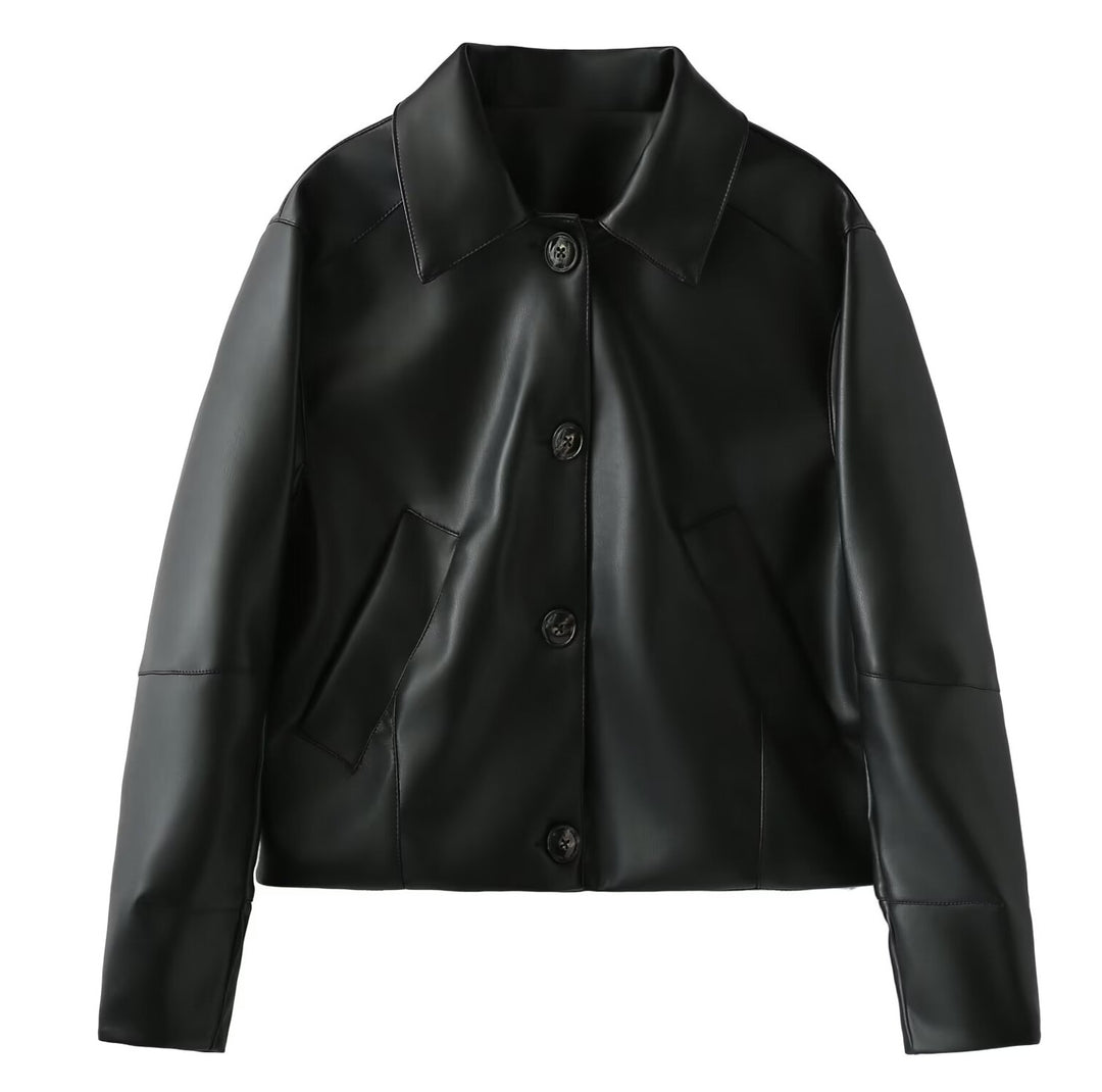 Women's faux leather jacket with modern button details Lune London