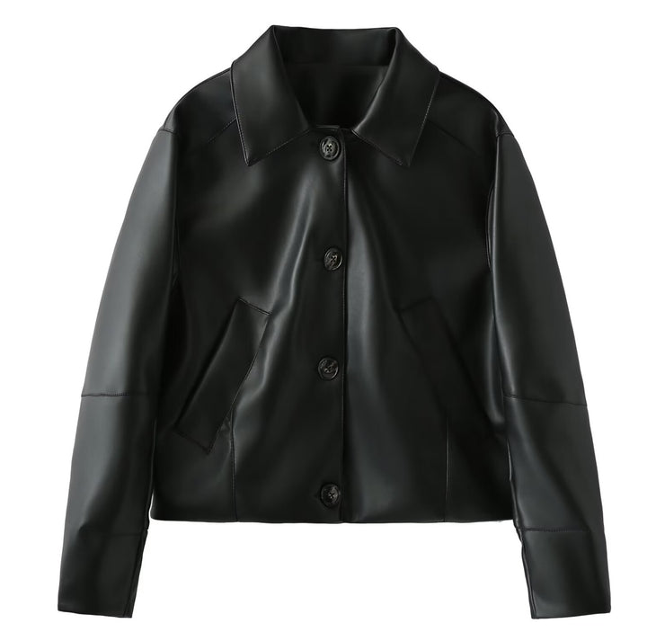 Women's faux leather jacket with modern button details Lune London
