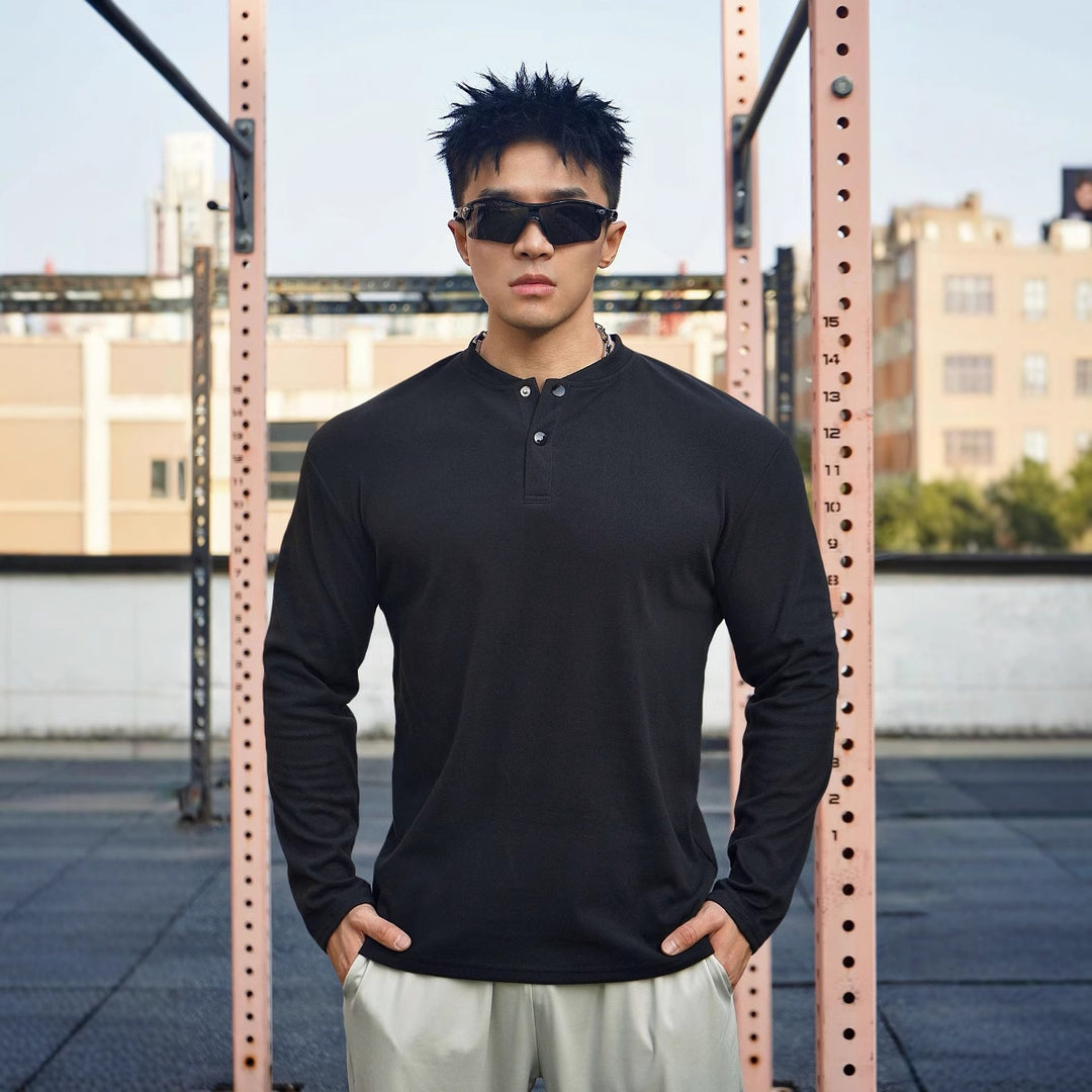 Men's Long Sleeve Henley T-shirt in breathable material with button collar Lune London