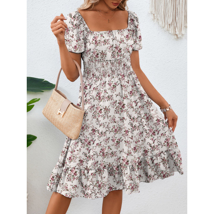 Square-necked smocked A-line dress for women with ruffled hem Lune London