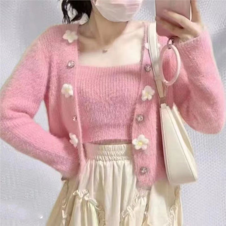 Floral pattern knitted top for women with matching open cardigan Lune London