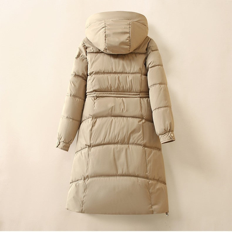 Ladies Long, warm down jacket with practical pockets and hood Lune London