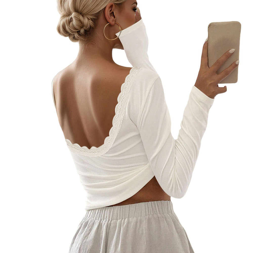 Chemise à manches longues pour femmes avec décolleté profond au dos et embellissement en dentelle élégante Chic & Stil