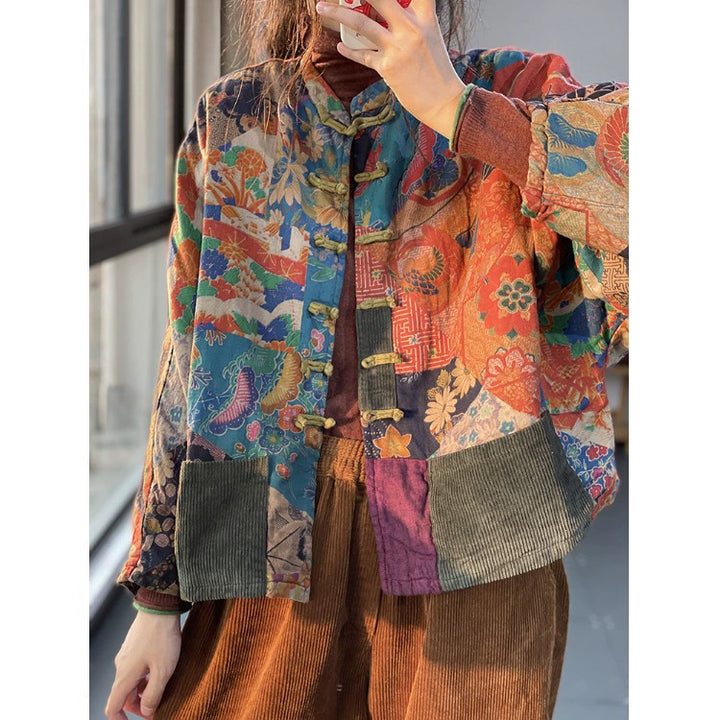 Chic und Stil | Floral High-Collar Linen Coats with Long Sleeves and Pockets