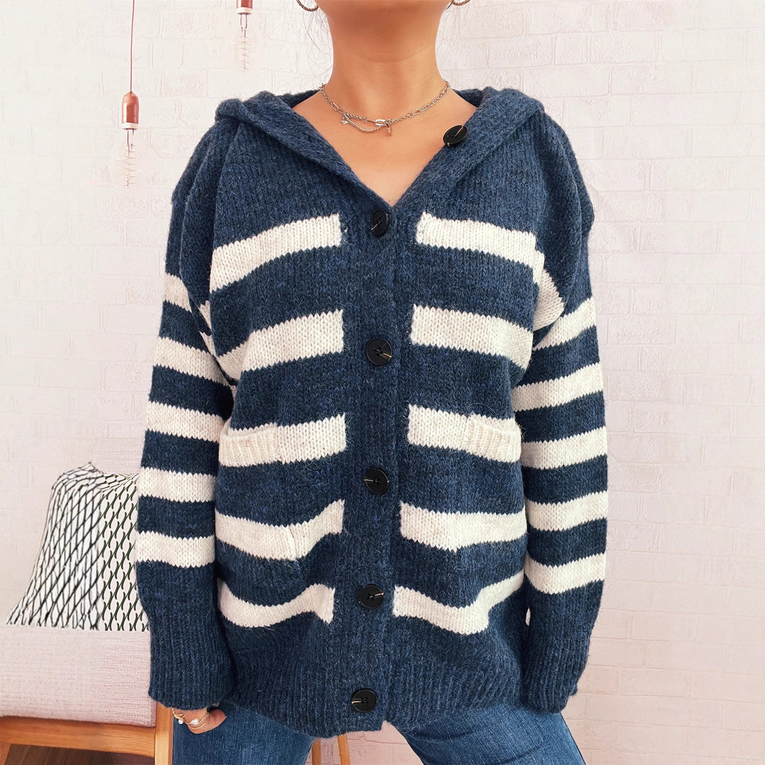 Cardigan décontracté en tricot pour femmes avec capuche et grandes rayures Chic & Stil