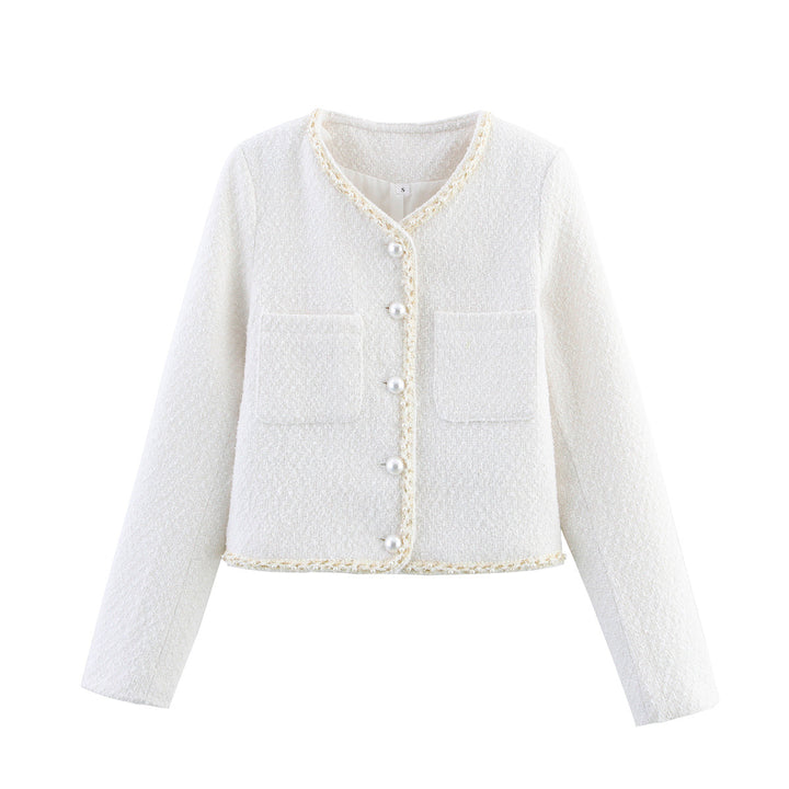 Trendy boucle jacket for ladies with elegant pockets and pearl embellished buttons Lune London