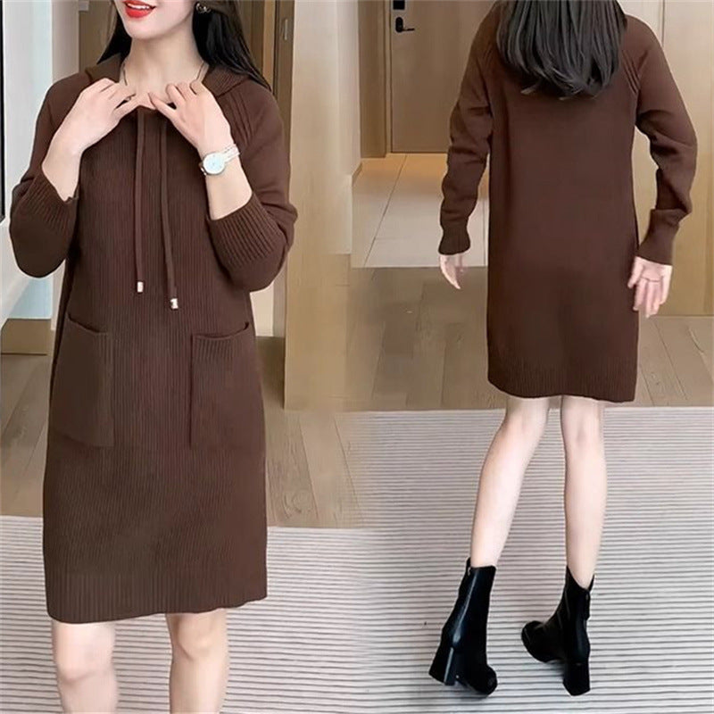 Knitted dress for women with hood and practical pockets Lune London
