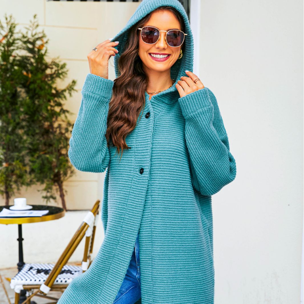Knit coat for women with hood and button closure Lune London