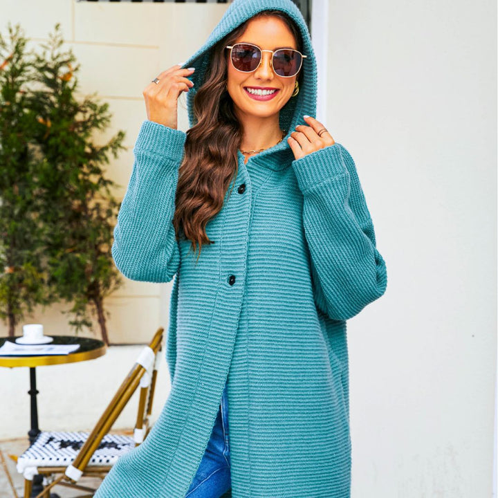 Knit coat for women with hood and button closure Lune London