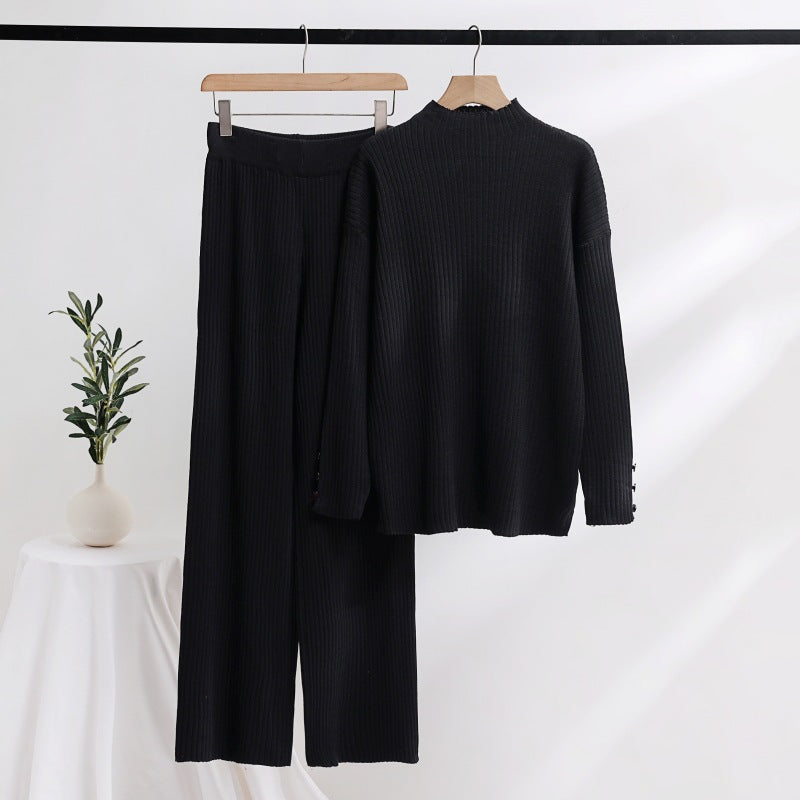 Casual knitted set for women with high collar and button details Lune London