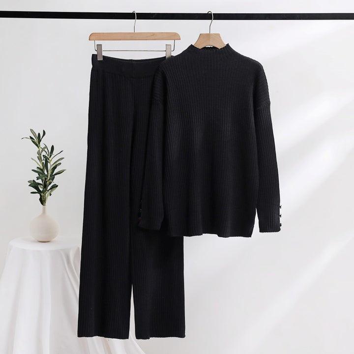 Casual knitted set for women with high collar and button details Lune London