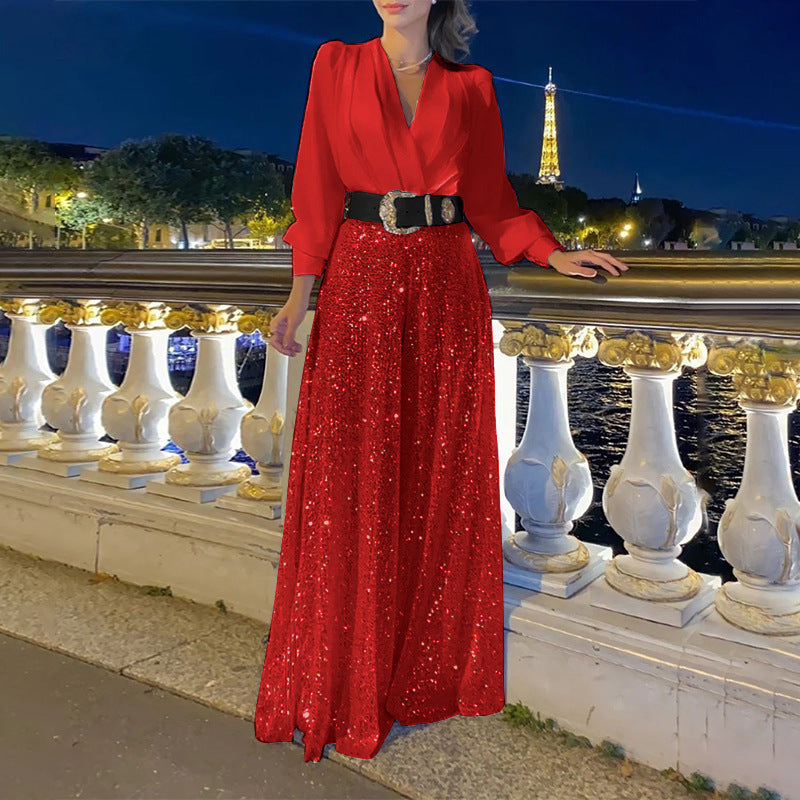 Glamorous evening dress for women with sparkling top and flared skirt Lune London