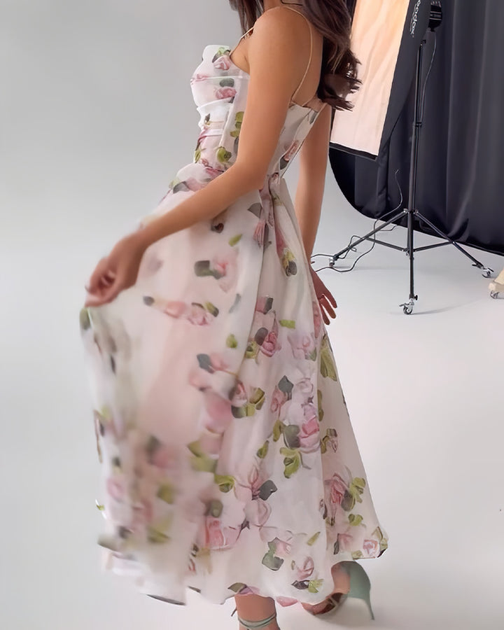 Women's Semi-transparent Evening Dress with Floral Pattern and Straps Lune London