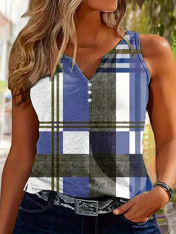 Sleeveless top for women with V-neck, decorative button detail, and modern plaid pattern Lune London