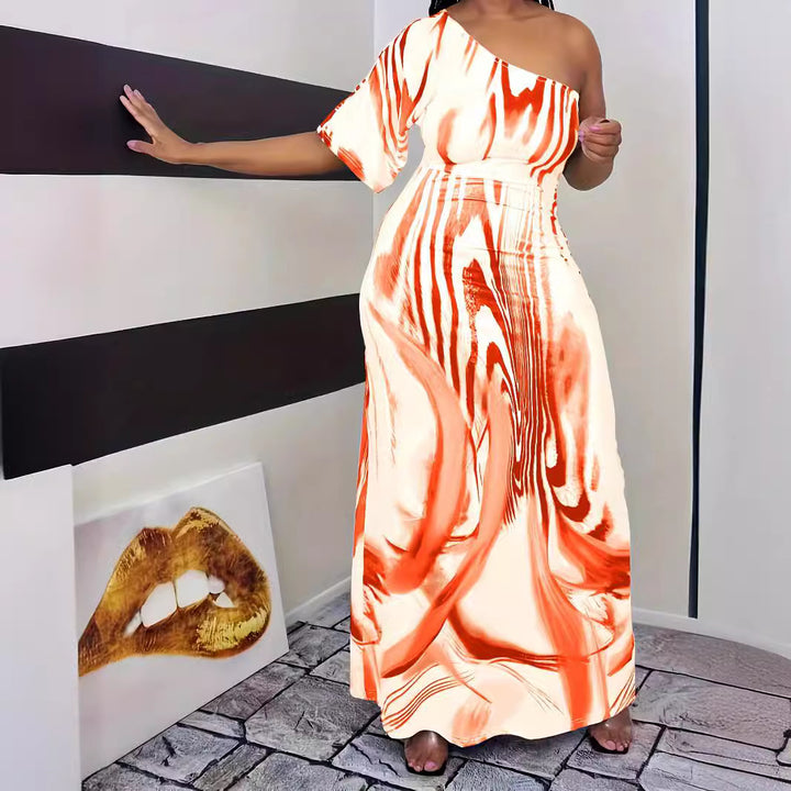 Maxi dress for women with asymmetric cut and elegant pattern Lune London
