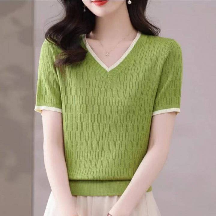 Women’s short sleeve V-neck knit top Lune London